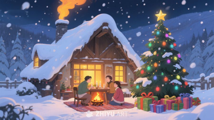 雪夜温馨小屋与圣诞树 399