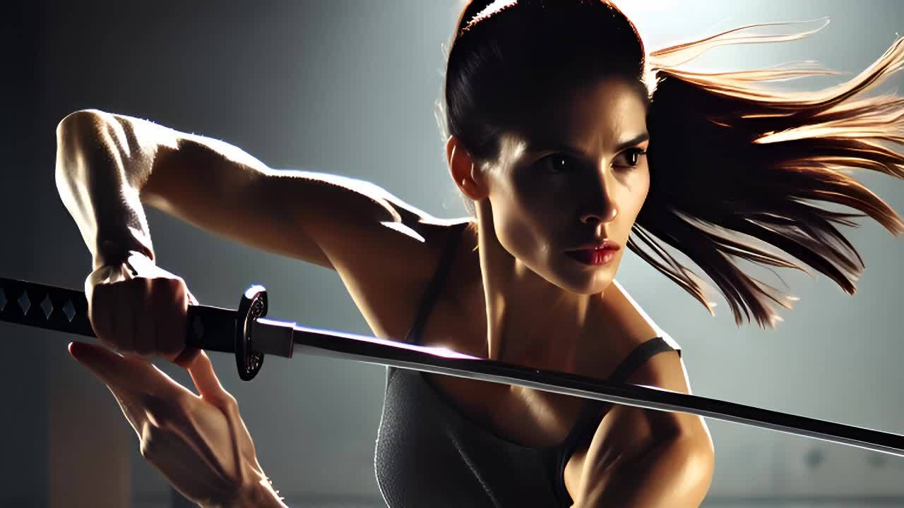 一个女子双手握着一把黑色剑柄、银色剑身的武士刀。她