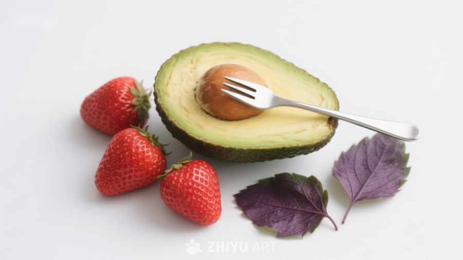 牛油果草莓与紫叶静物
