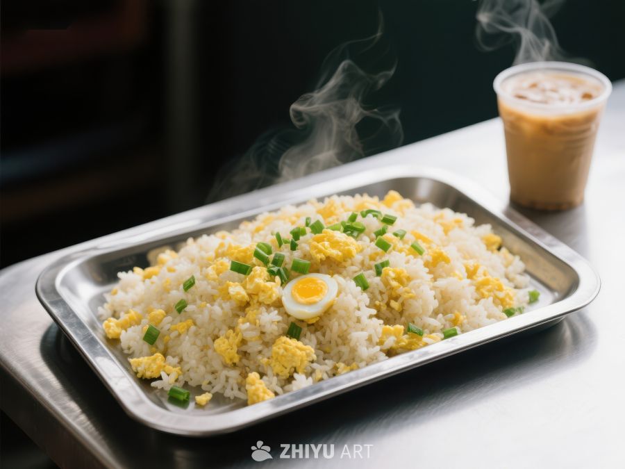 热腾腾的炒饭配鸡蛋和葱花 800