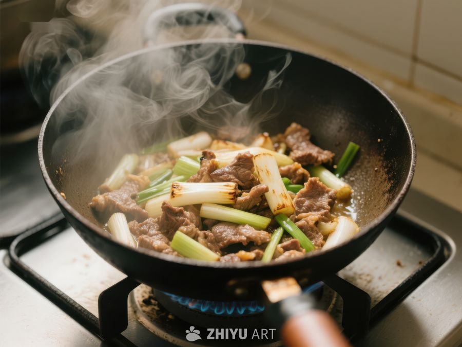 热炒牛肉与葱段在锅中翻炒 757