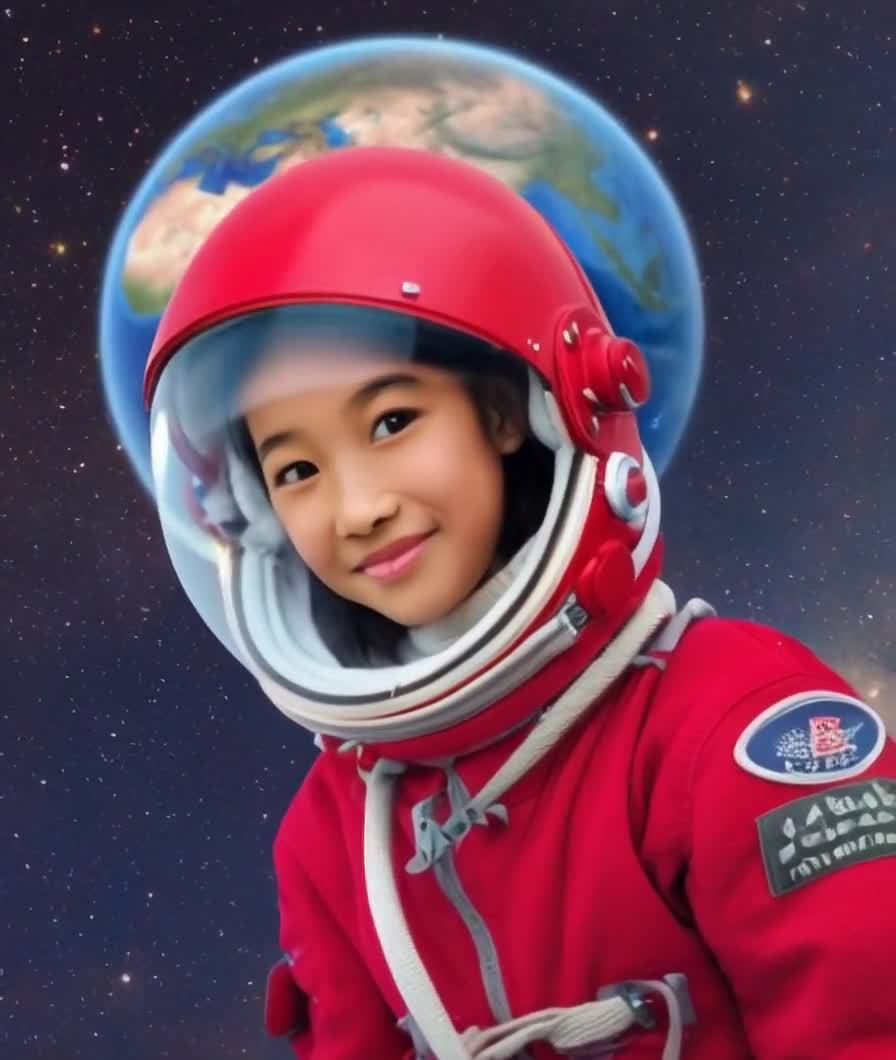 小女孩的太空梦：红宇航服，蓝色地球背景