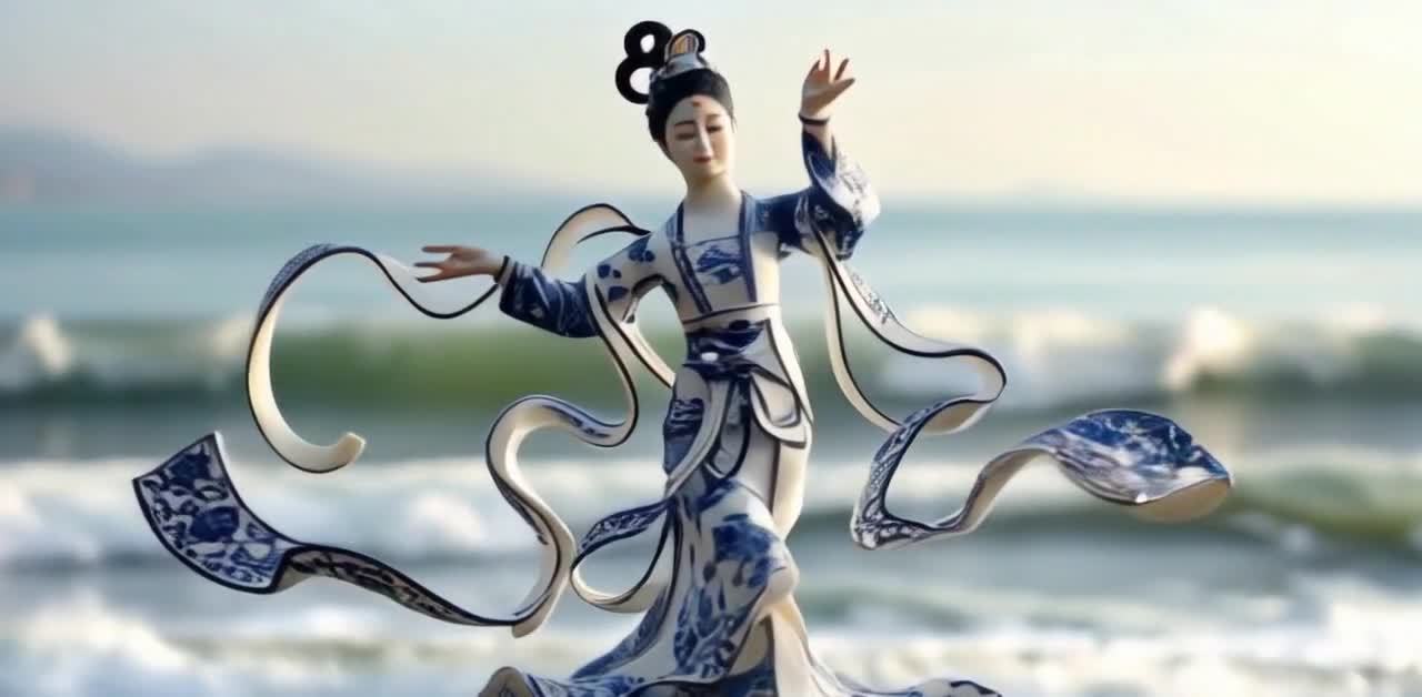 一位穿着青花瓷风格服饰的女子站在海边，她梳着发髻，