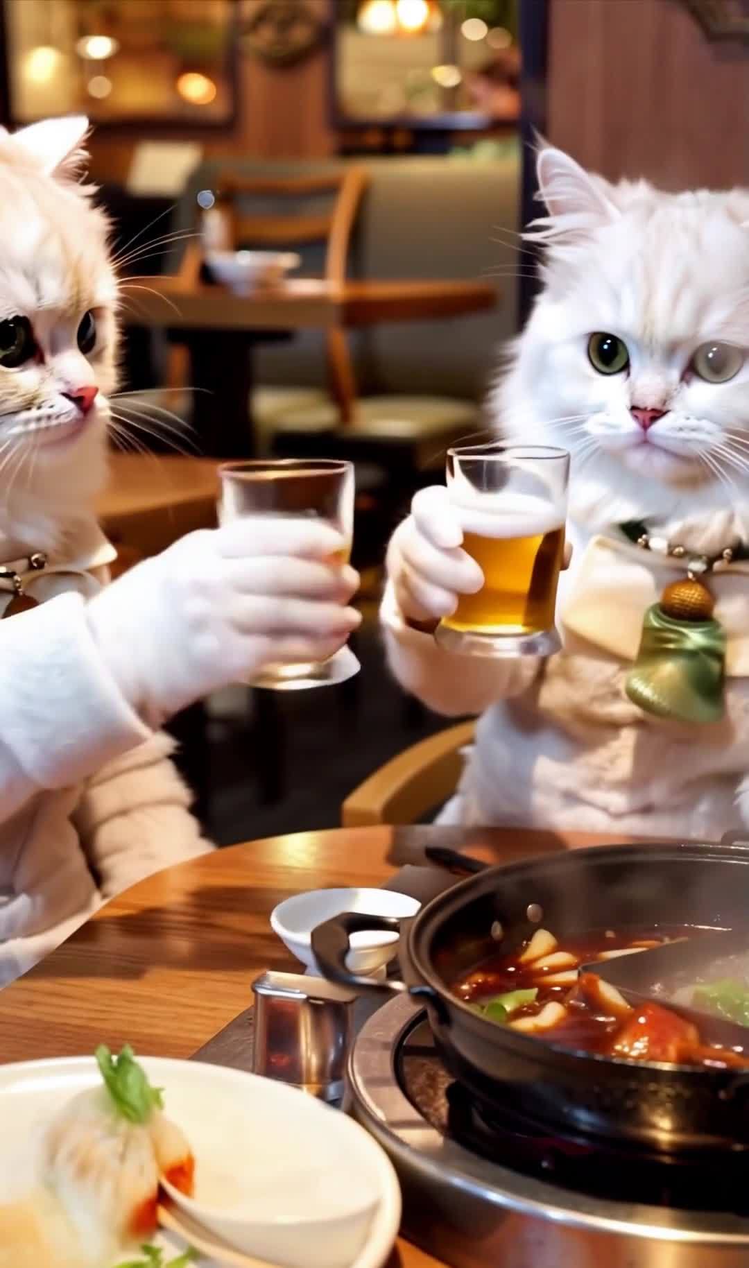 长毛猫餐厅火锅聚餐碰杯饮酒