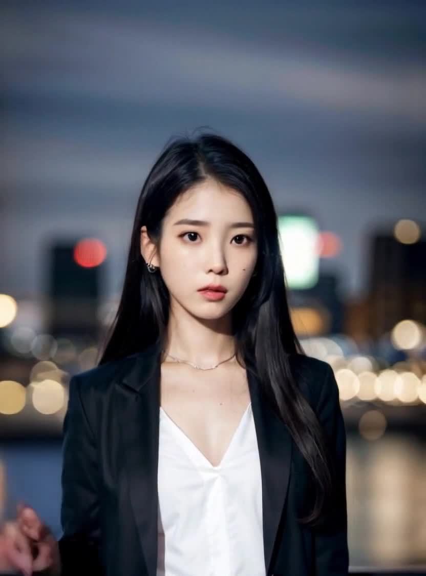 夜景都市中长发黑西装女性 портрет
