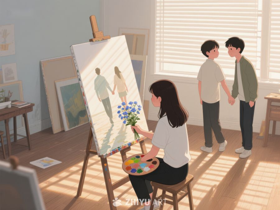 画家创作情侣画像，两人在旁观看 383