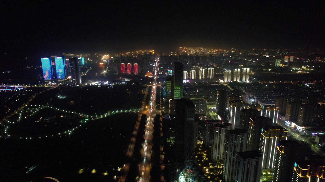 山东日照城市夜景灯光航拍  