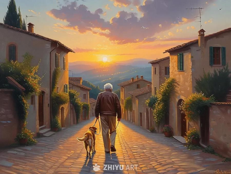 一个老人牵着一只金毛犬走在鹅卵石铺成的街道上。太阳