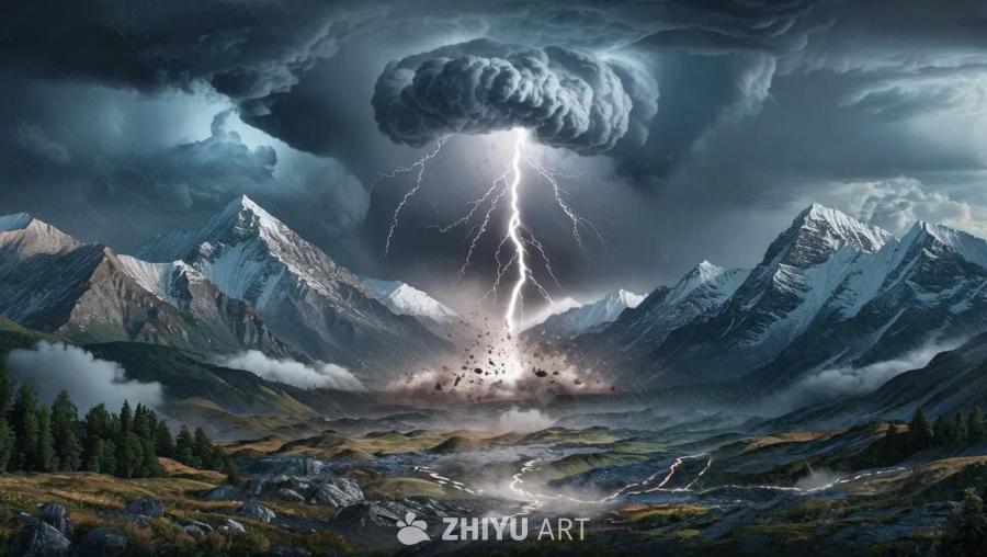 高耸的山脉作为背景，暴风雨肆虐。乌云翻滚，给大地投