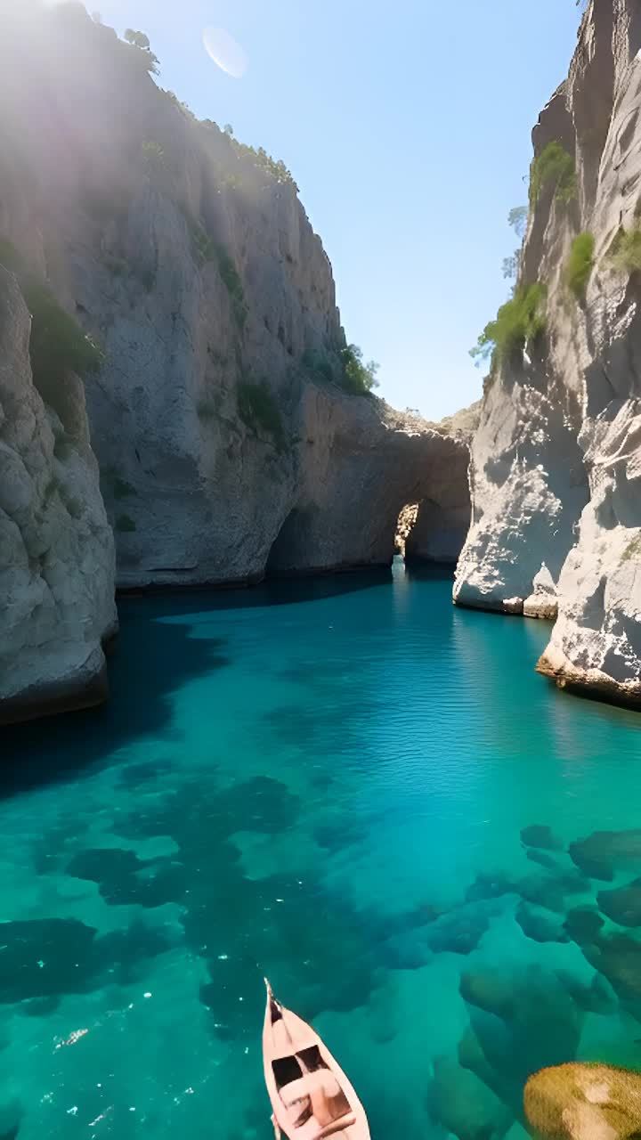 碧蓝色的水道被高耸的岩石悬崖环绕，天空湛蓝。小木船