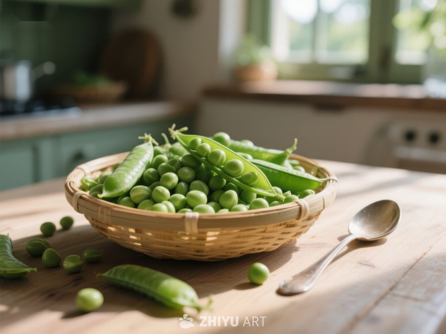 新鲜豌豆与荚置于厨房篮中 519