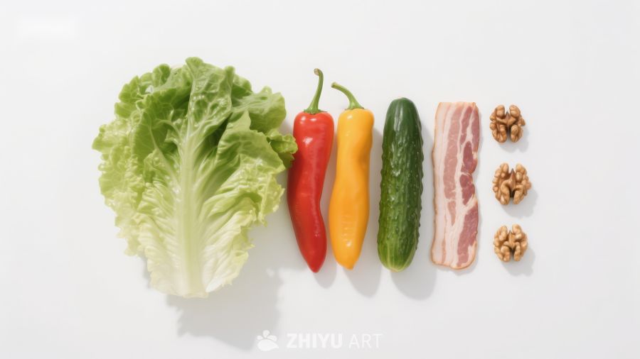新鲜蔬菜与肉类食材排列