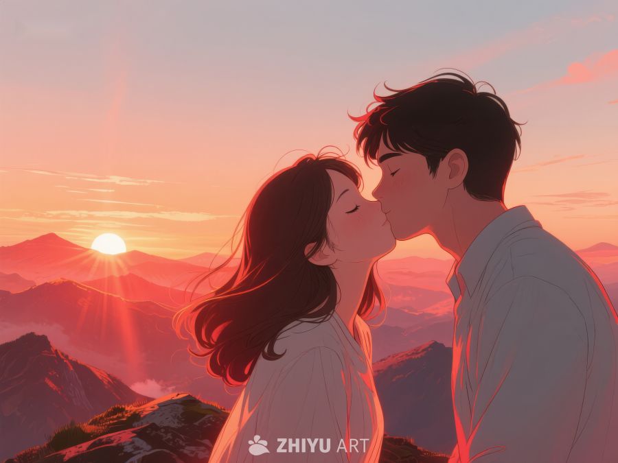 日落山巅情侣相拥 609