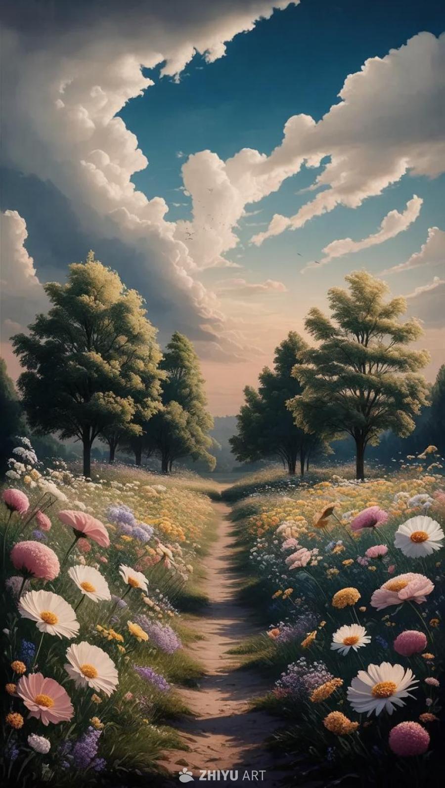 鲜花缓慢移动，树木轻轻摇曳，云朵漂浮。一条小路穿过