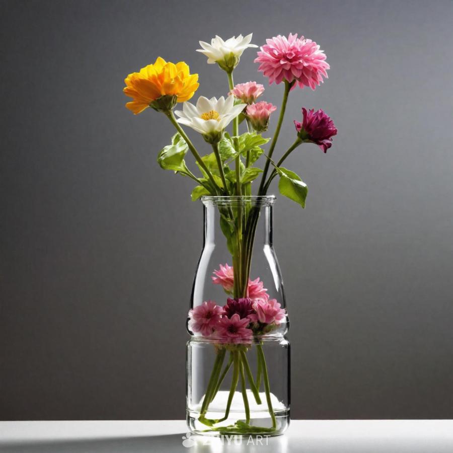黄色、白色、粉色和紫色的花朵插在一个透明的花瓶里。