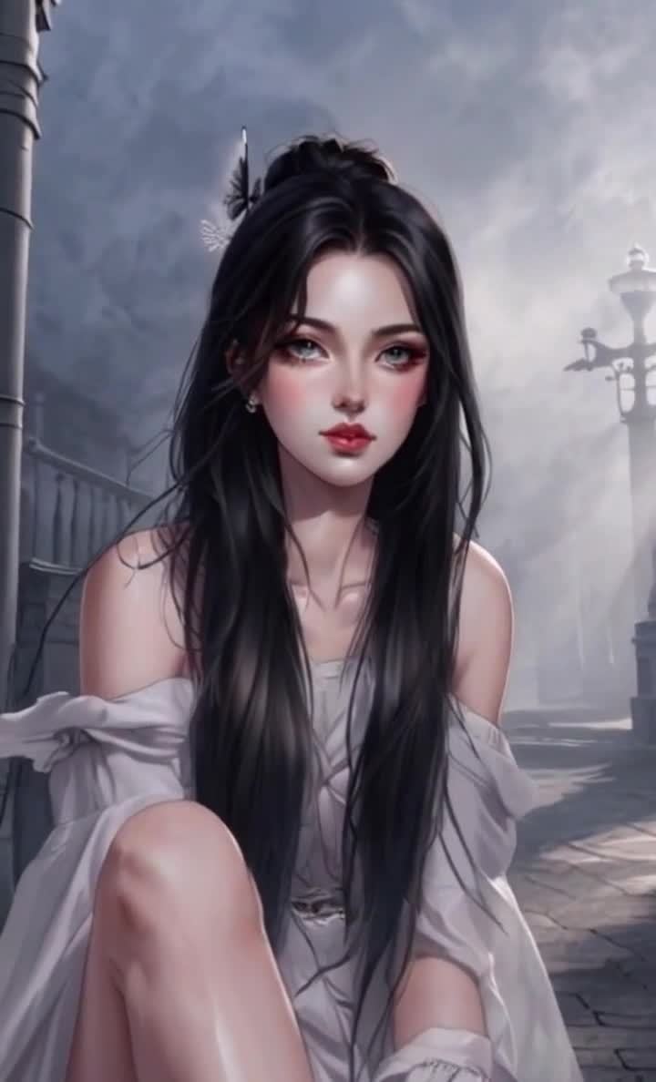 黑发白裙女子在雾气街道凝视，文艺侧影。