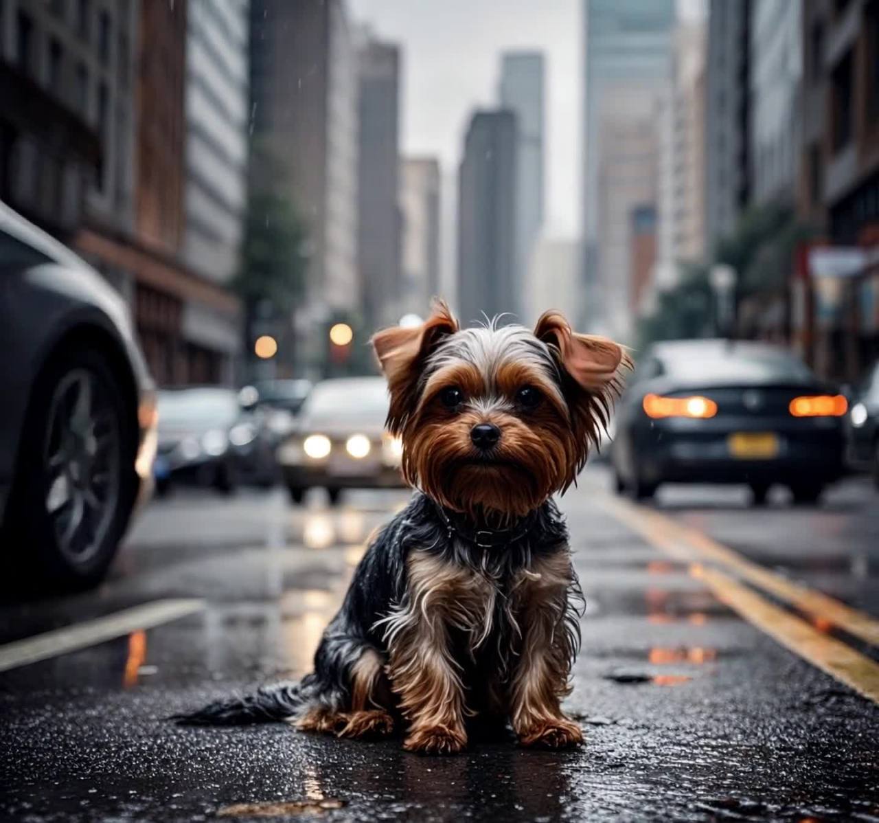 雨中城市街道的约克夏犬