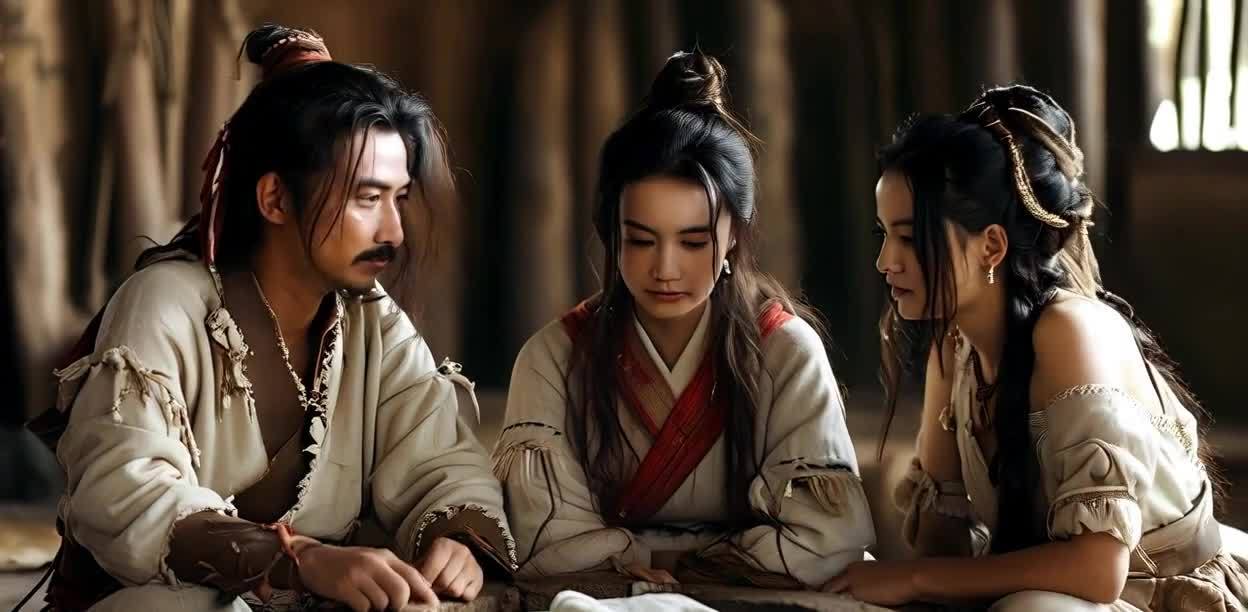 三个人围坐在一起，桌上铺着东西。中间的女性留着长发