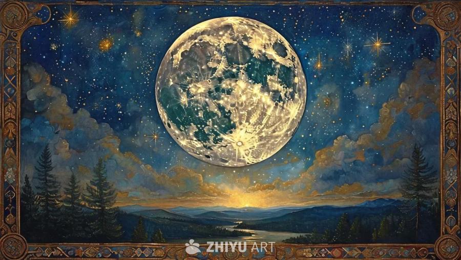 夜空中升起一轮满月，散发着柔和的光芒。星星点缀在夜