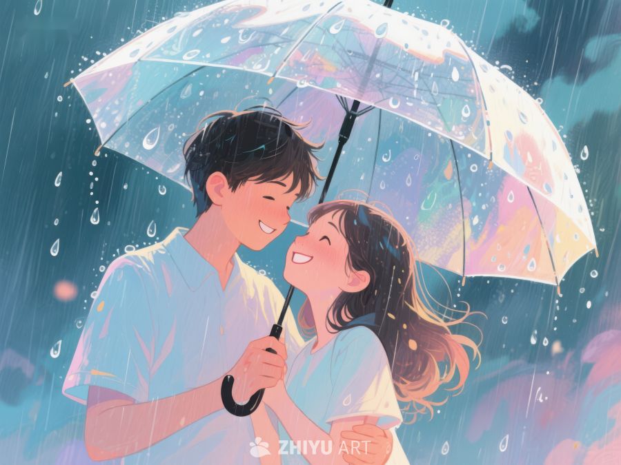 雨中情侣共撑伞温馨时刻 1074