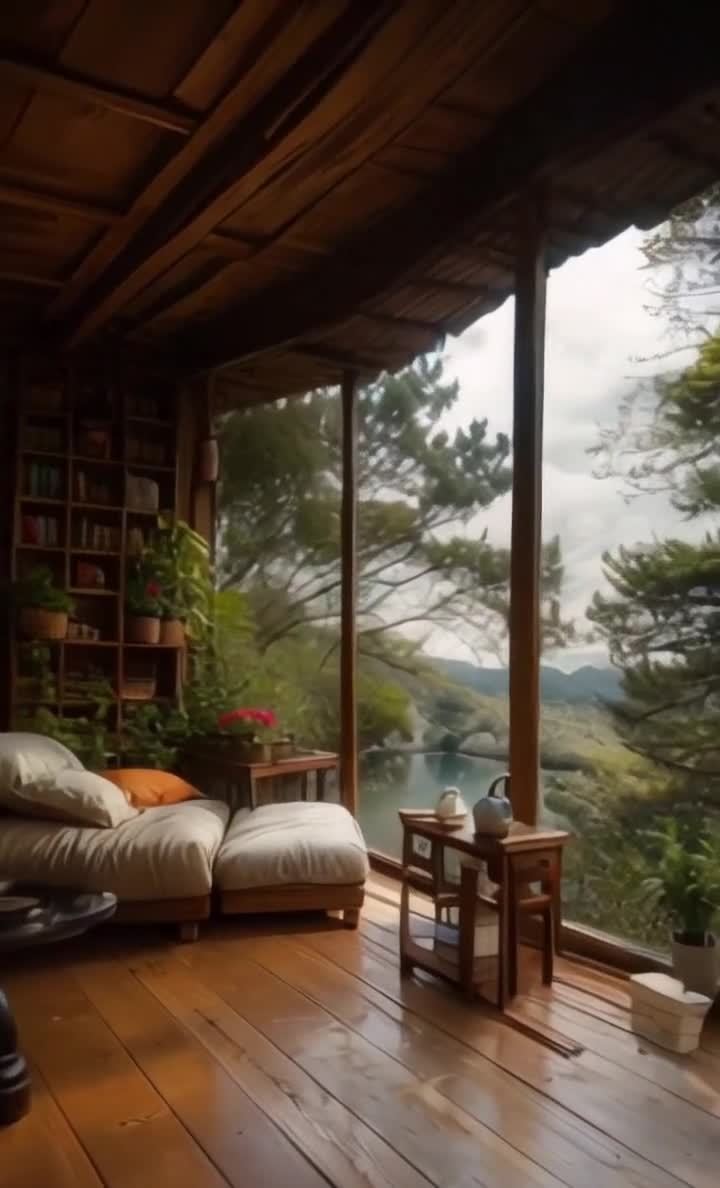 湖景木屋：石墙书架矮榻落地窗茶具