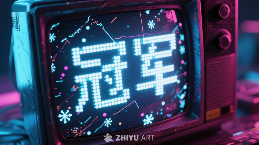 复古电视显示霓虹汉字‘冠军’ 92