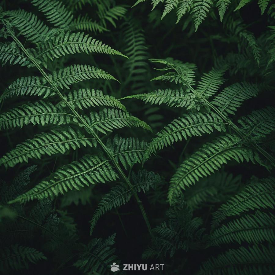 郁郁葱葱的绿色蕨类植物，拥有深绿色的大叶子，叶子紧