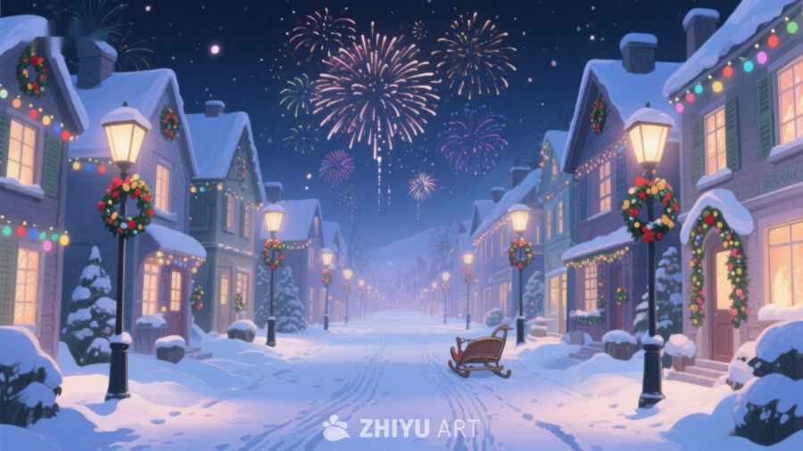 雪夜小镇烟花绽放 479