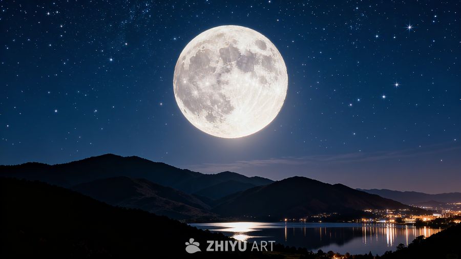 浪漫梦幻蓝色中秋月夜山景背景 4