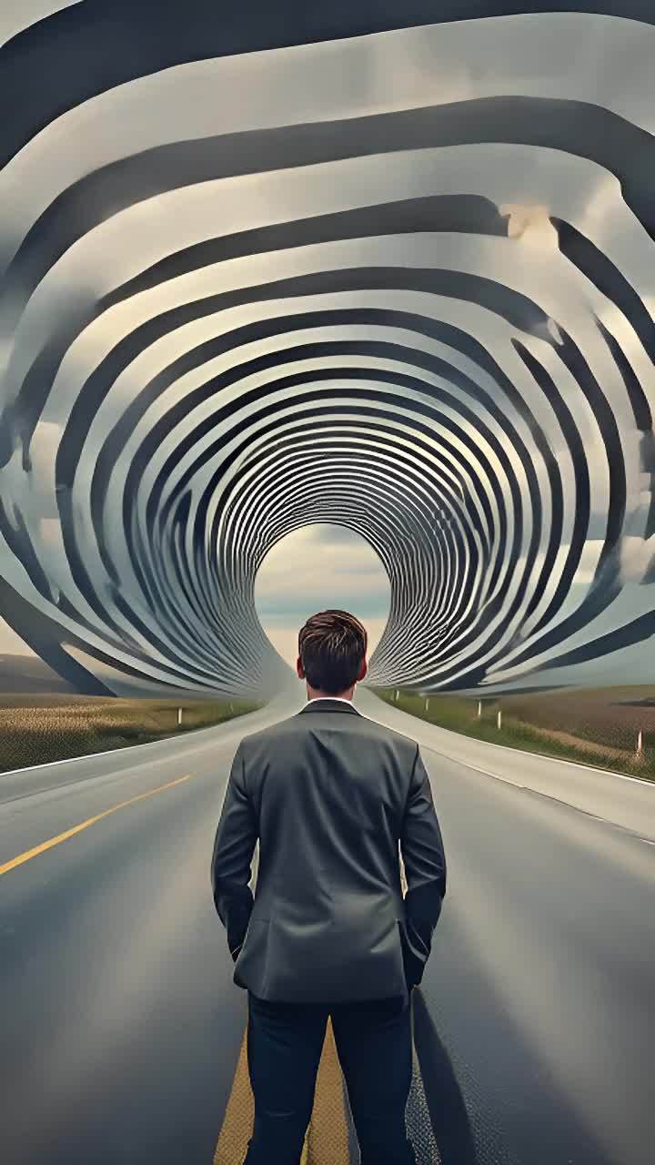 一个身穿西装的男人背对着镜头，站在一条带有黄色标线