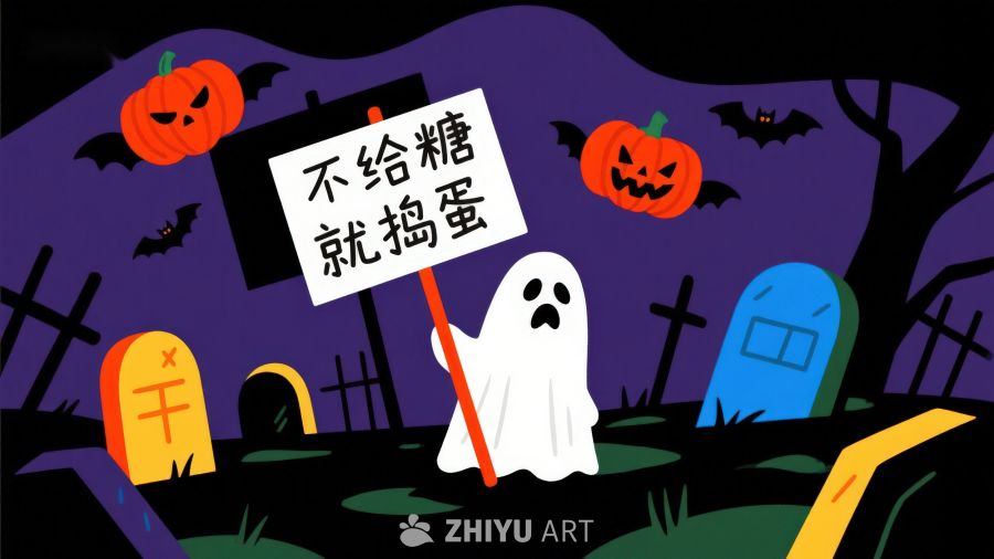 万圣节幽灵举牌，不给糖就捣蛋
