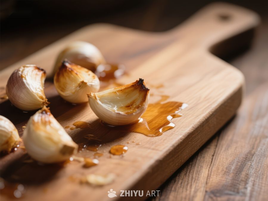 烤制大蒜瓣置于木质砧板上 319