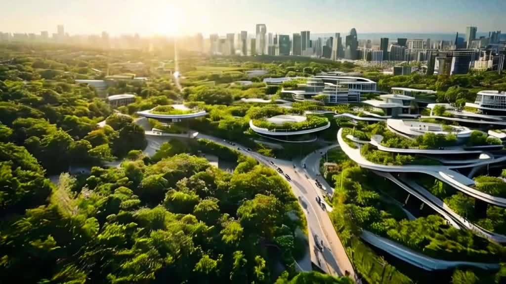图片展示了一个未来感十足的城市景观。这个城市被大量的绿色植被所环绕，建筑群错落有致地分布在树木之间。道路两旁种植着整齐的树木，为行人和车辆提供了阴凉处。此外，还有宽敞的人行道和自行车道，方便市民出行。远处可以看到高楼大厦林立的天际线，与近处的自然风光形成鲜明对比。阳光透过树叶洒下斑驳的光影，为整个场景增添了生机与活力。