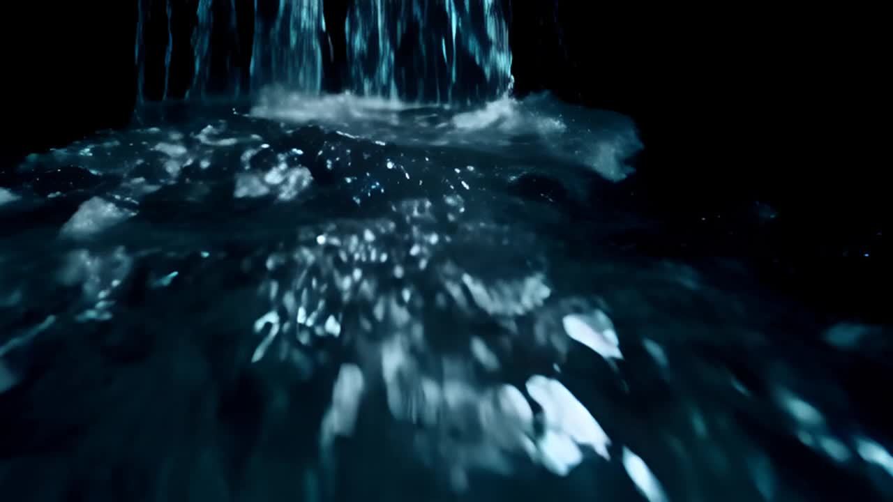 水流从高处倾泻而下，形成一道美丽的水帘。水面上波光