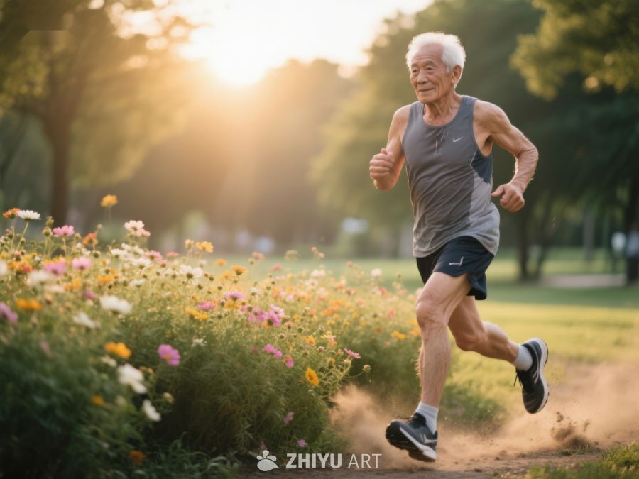 老人公园晨跑，花丛旁活力四射 384