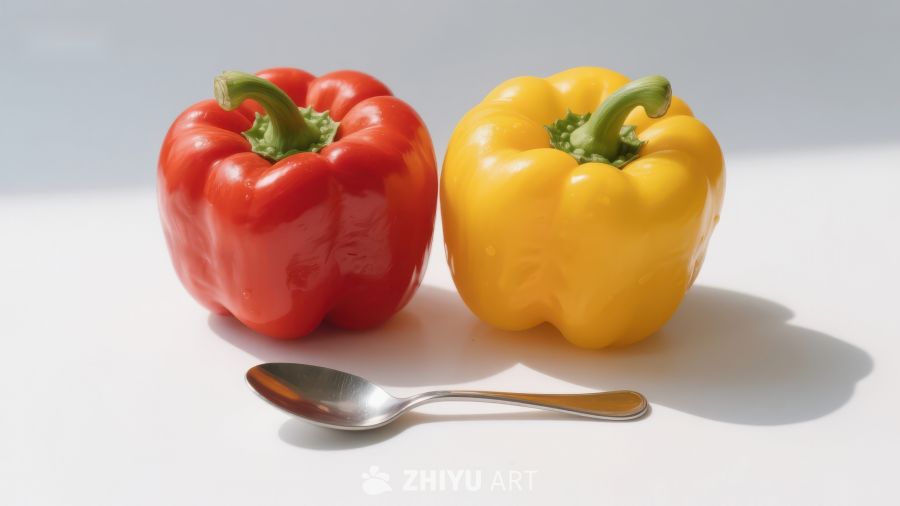 红黄彩椒与银勺静物组合