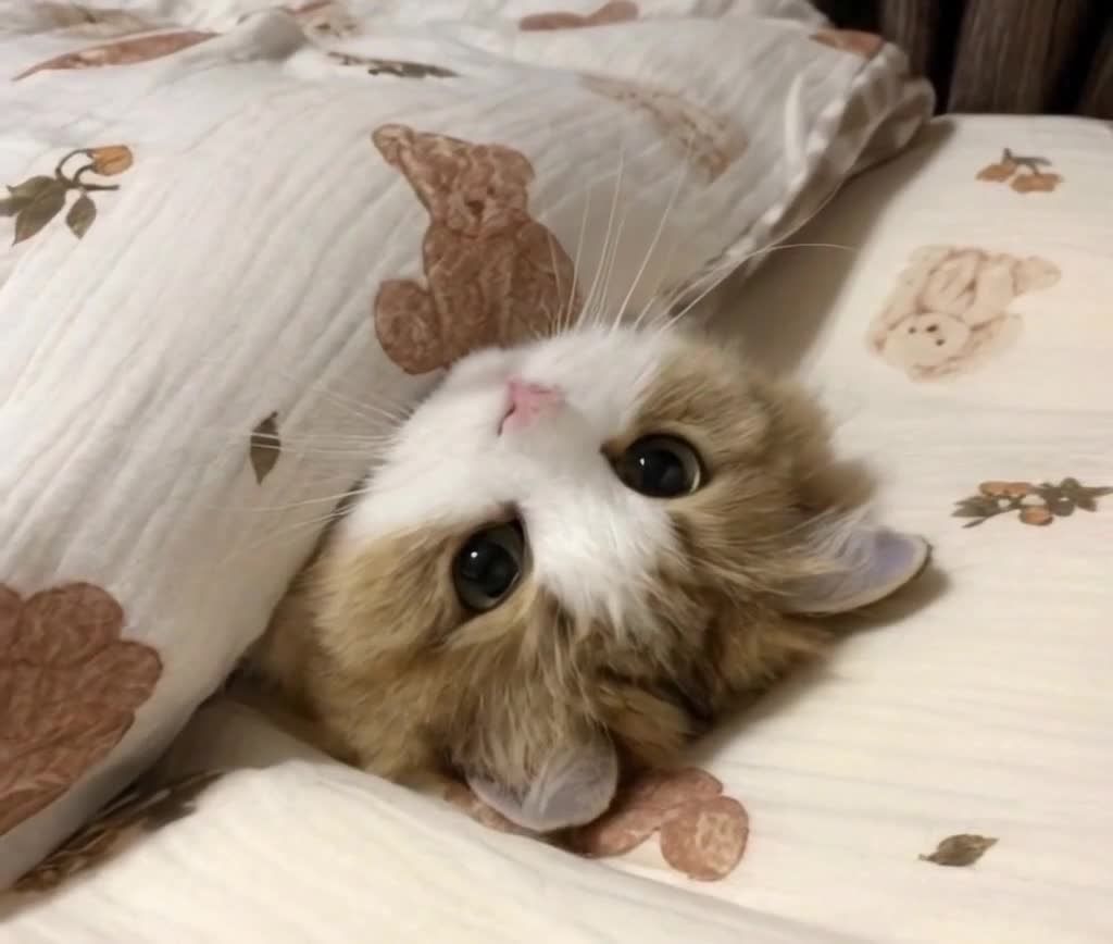 枕下探头的小猫，毛色可爱萌态十足