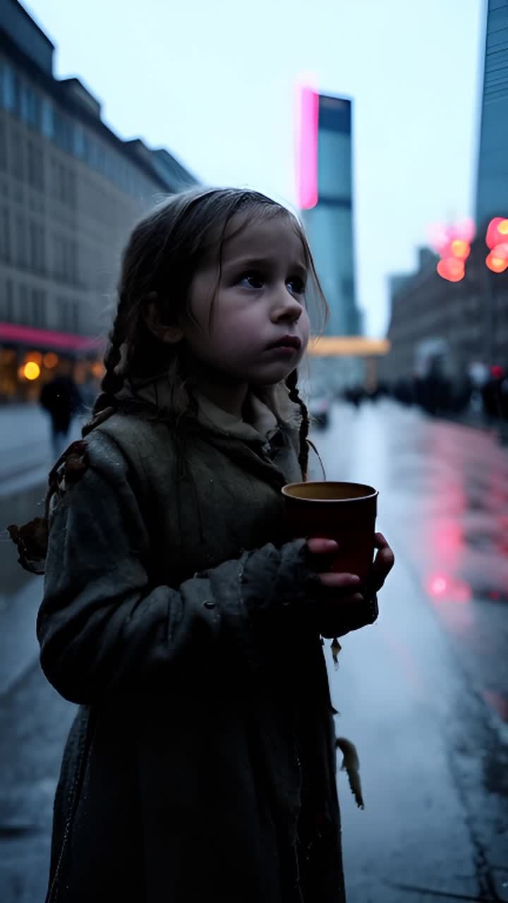 一个穿着破旧衣服的年轻女孩站在下着雨的柏林街头，她