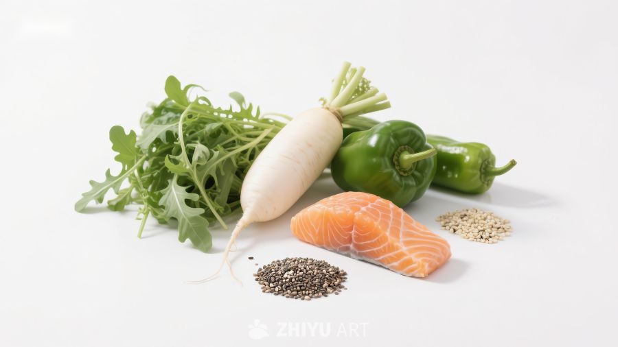 新鲜食材组合：蔬菜、鱼肉与种子