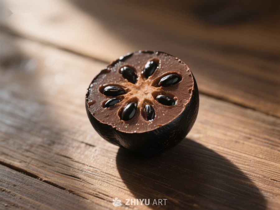 切开的深色果实，展示内部种子 414