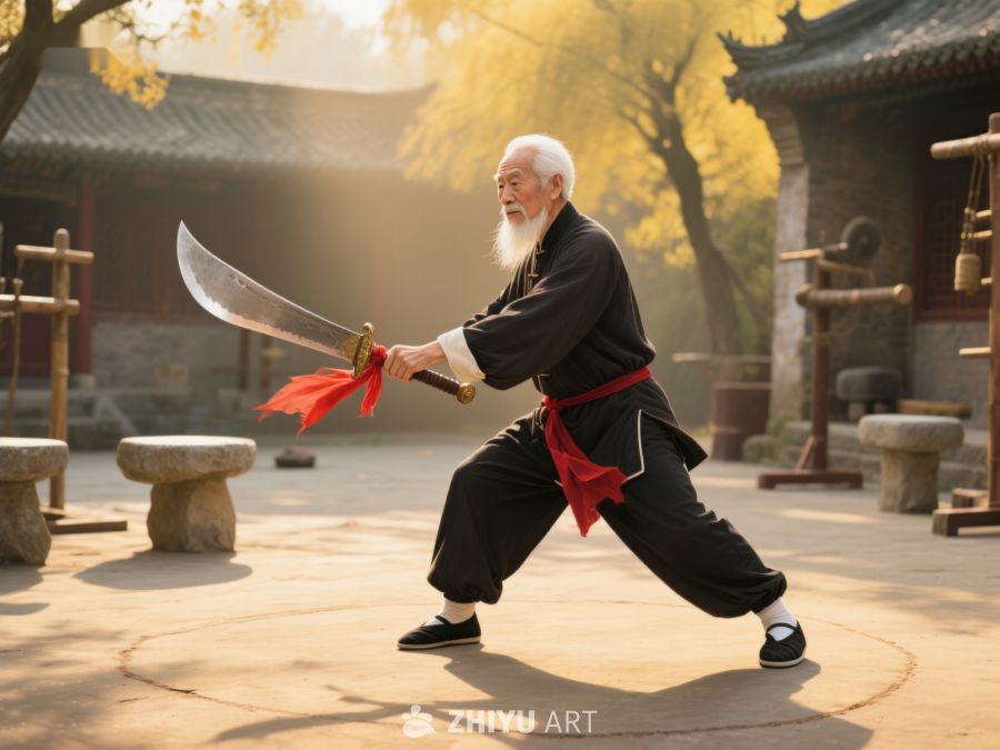 老者庭院舞剑，晨光映衬武艺 611