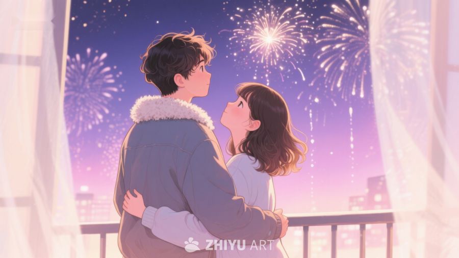 烟花夜景下的情侣拥抱 550