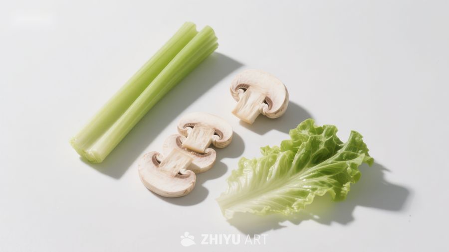 新鲜蔬菜组合：芹菜、蘑菇与生菜