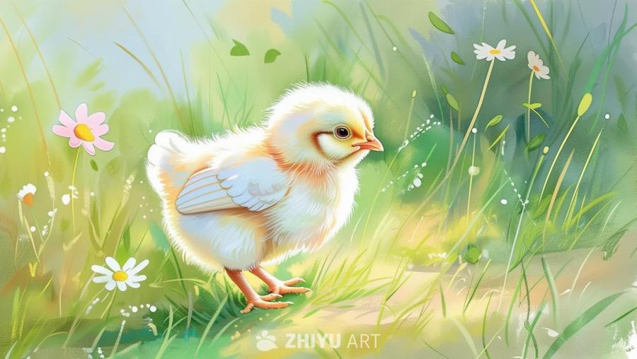 一只白色的小鸡站在草地上，周围是雏菊和绿色的草。画
