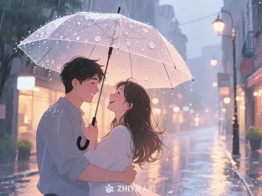 雨中情侣共撑伞温馨场景 1086
