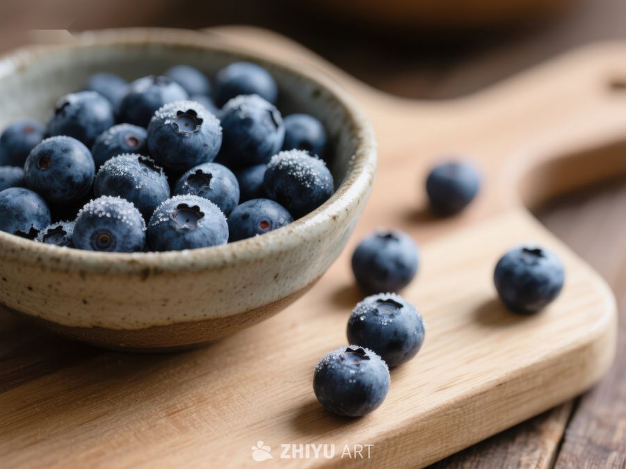 新鲜蓝莓置于木制砧板上的碗中 693