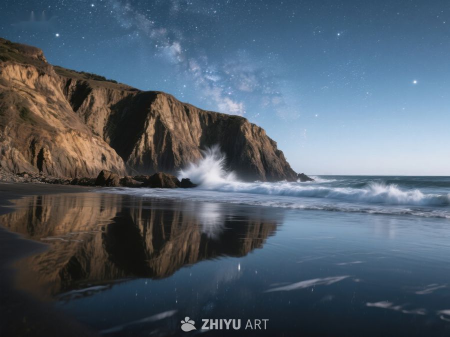 夜空下的海岸线与海浪 328