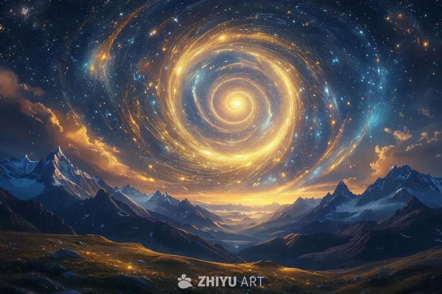 超现实的夜空，满月悬挂在山脉轮廓之上，一个旋转的宇