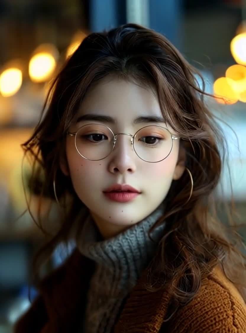 一位戴着圆框眼镜的年轻女性，留着棕色卷发，穿着灰色