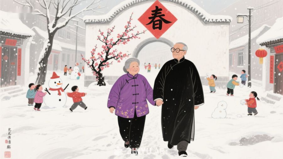 雪中漫步的老夫妇与嬉戏的孩童 1136
